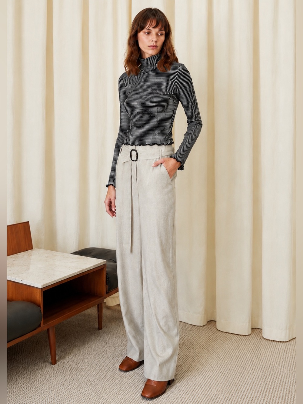 Nanushka Suki Ribbed Mockneck Stripe Top XS Fitted Stretch Minimalist